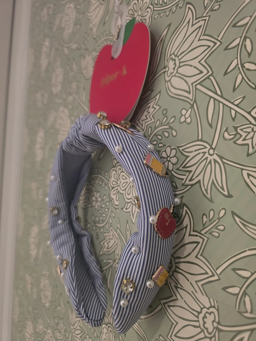 Piper K Striped Headband with Pencil, Apple, and Pearl Charms